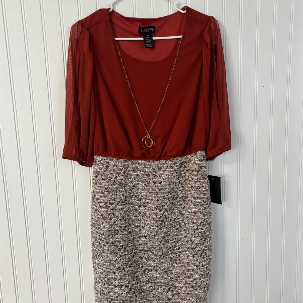 Enfocus Studio Red and Gray Sheath Dress with Puff Sleeves